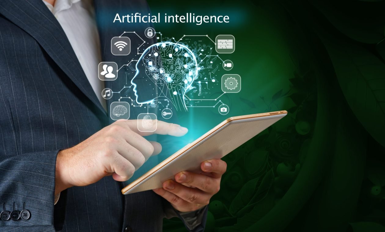 Businessman working on digital tablet using ai. Business technology, IoT Internet of Things, Ai Software development concept. Coding programmer developing mobile apps. Web icons